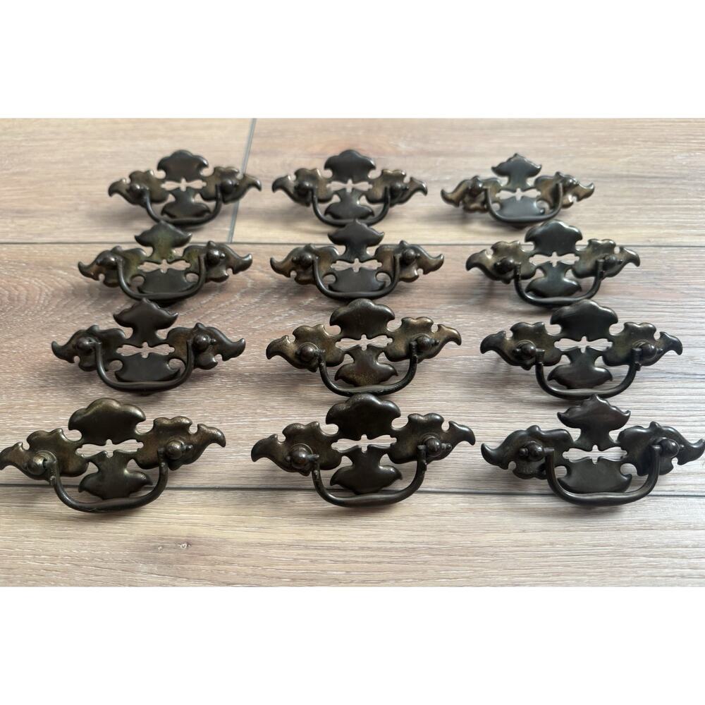 Vintage Brass Drawer Pulls Victorian Gold Batwing Chippendale Bail Pull Set 12
